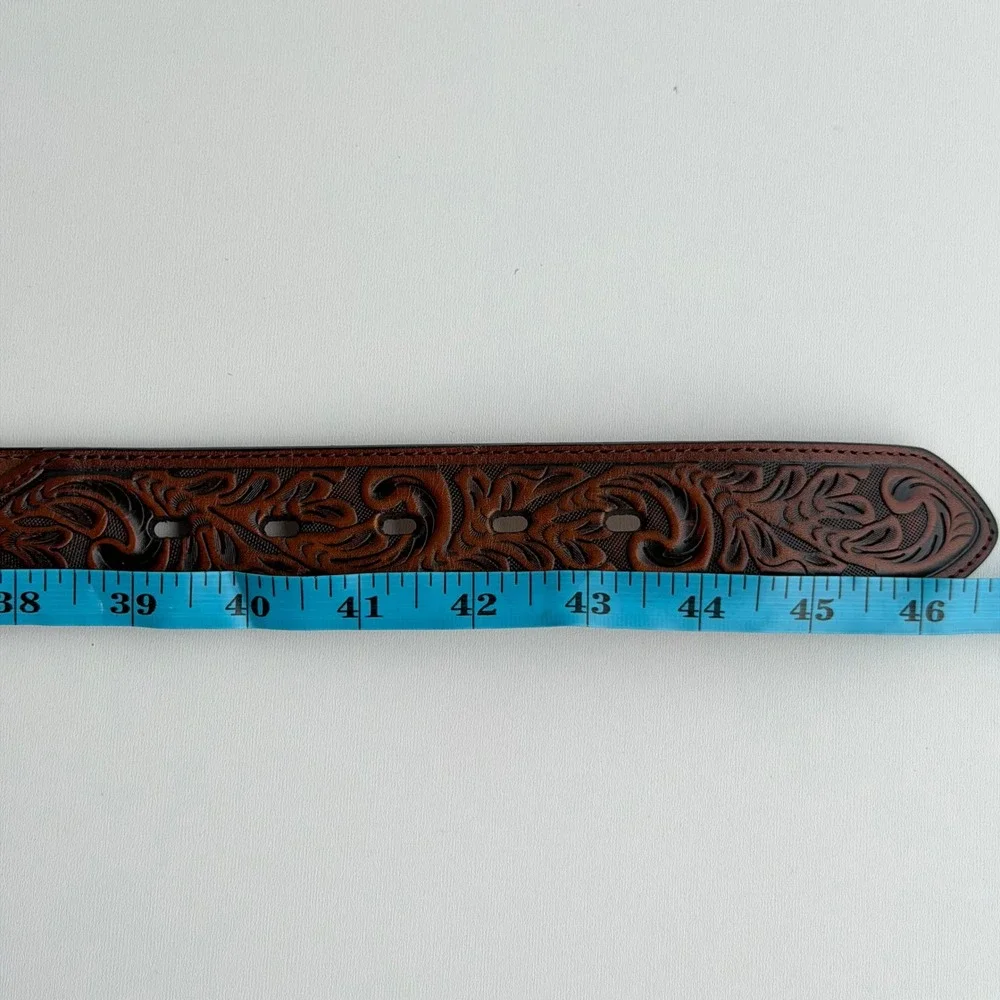 3-D Belt Co Handtooled Leather Belt Mens 42 Western Barbed Wire Braid Brown